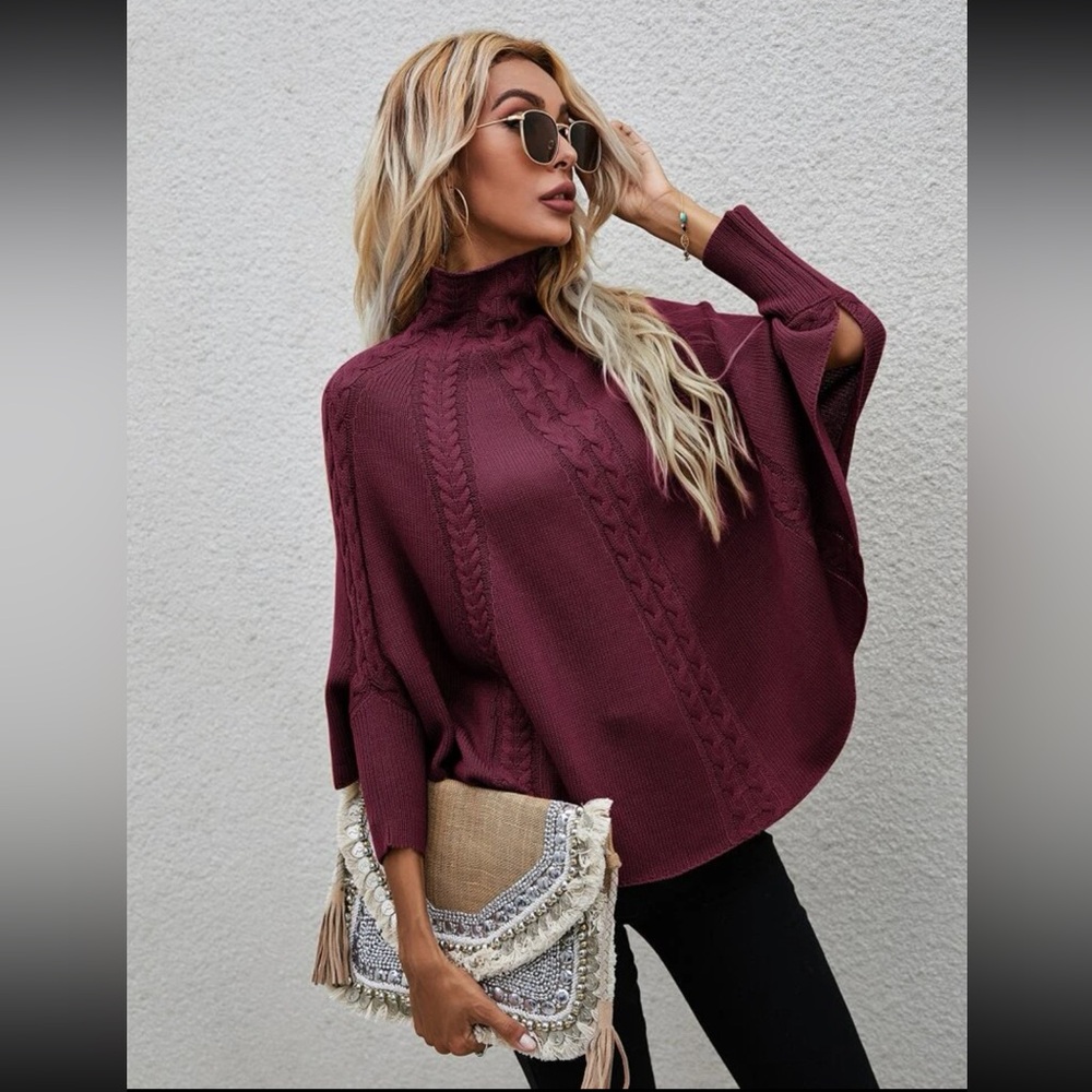 Cable Knit Stand Collar Sweater Poncho
